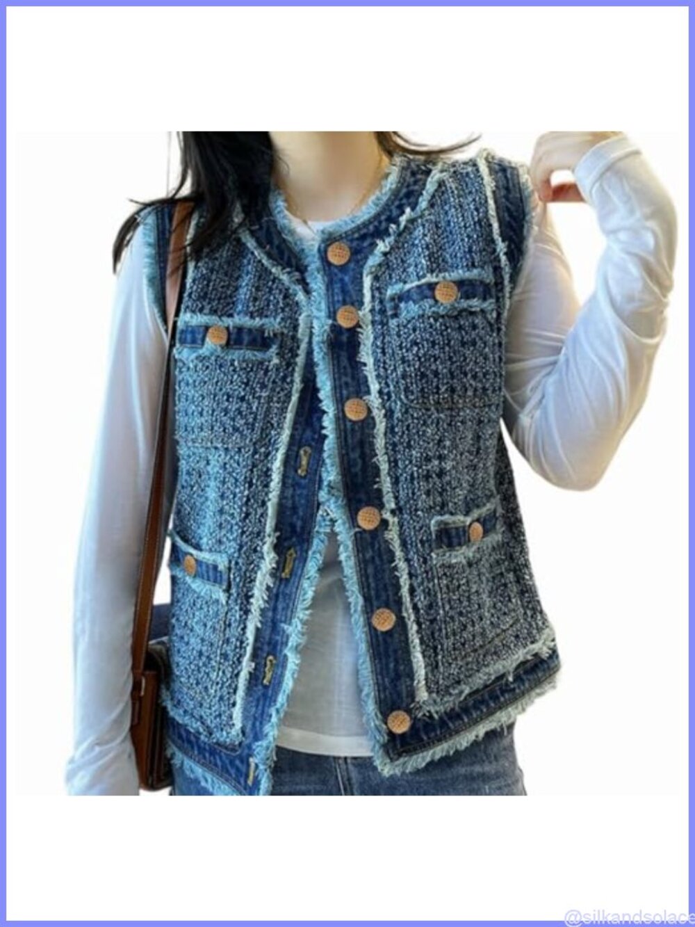 Vintage Tweed Denim Vest Sleeveless Tassel Single-Breasted Pockets Women's